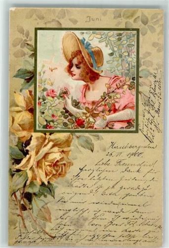 1900 Jugendstil Frau beim Rosen pflücken Stroefer Aquarell Serie XXVIII Nr. 6