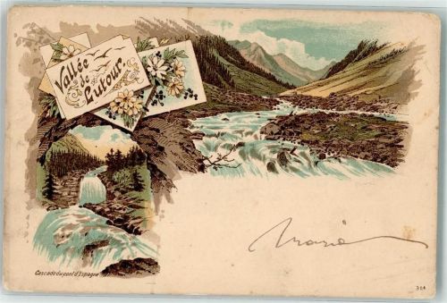 Latour-de-France 1903 Valle de Lutour Cascade du pont d'Espagne Lithographie
