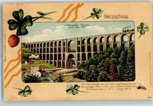 Netzschkau Göltzschtal Brücke Eisenbahn Biene Vierblättriger Klee Lithographie