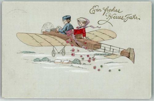 Neujahr Kinder streuen Rosenblüten Glückwunsch Flugzeug 1910 Prägedruck