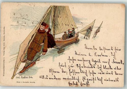 sign. Otto Andres Lithographie Segelboot auf dem Eis , Schlittschuhe Verlag Gebr. Knauss Karlsruhe