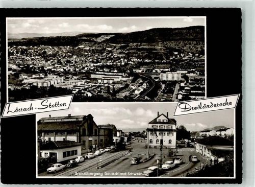 79539 W7850 Lörrach Foto AK Dreiländerecke Grenzübergang Deutschland-Schweiz VW Käfer