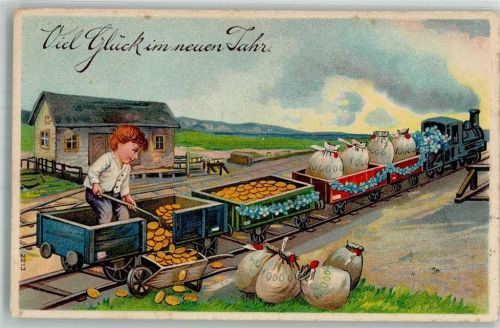 1910 Neujahr Waggons beladen mit Geldsäcke und Geldtaler Vergissmeinnicht , Kind mit einer Schaufel
