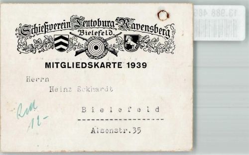 Bielefeld Schießverein Teutoburg-Ravensberg Mitgliedskarte 19396