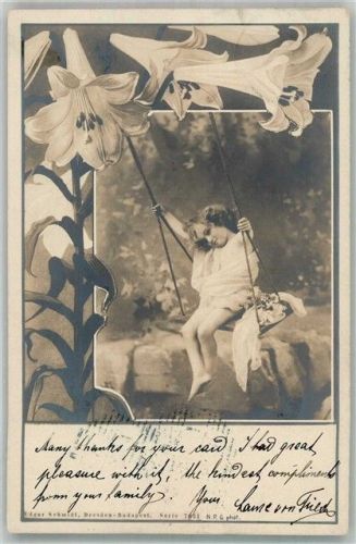 1900 Serie 7631 Jugendstil Kind Schaukel Blumen