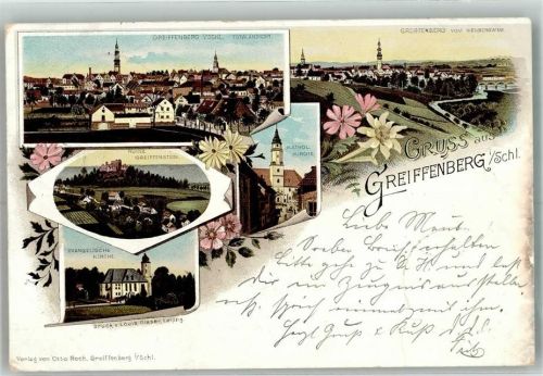 Greifenberg 1898 Ev. Kirche Burg Kath. Kirche Bahnpost Breslau-Kohlgrub Zug 132