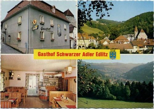 um 1960/70 Edlitz, Gasthof Schwarzer Adler, Gasthof Fleischhauerei Rosenstingl,Helmut Partaj AKU1
