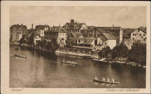 1920 Kassel, Alstadt mit Fulda, Ruderboote, Fachwerk