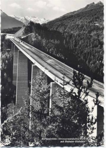 um 1950/60 Europabrücke, Autobahn, Tirol mit Stubai Gletscher,Tiroler Kunstverlag AKU2