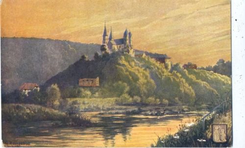 um 1910/20 Obernhof a.d. Lahn, Klostergut Arnstein, Berg, Fluss, Wappen unten rechts,Ludwig Klement,sign. Rothgeb