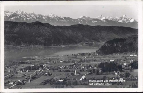 1955 Bodensdorf: Am Ossiuchersee, mit Julische Alpen,Franz Schilcher AKU2