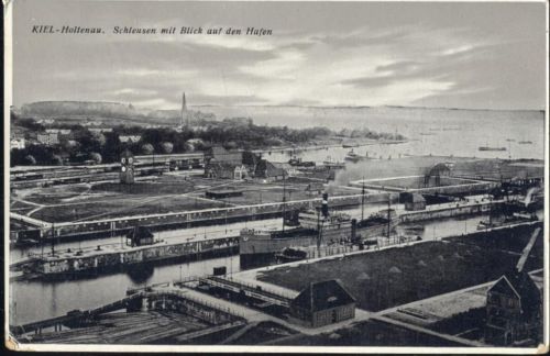 1931 Kiel-Holtenau, Schleusen mit Blick auf den Hafen, Frachtschiffe,Ernst Crull jr.