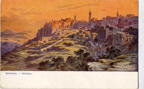 u, Israel, Bethlehem, Palästina, Stadtansicht, roter Himmel, Kamele, Künstler-AK,sign. Perlberg AKU1