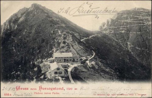 1902 Walchensee, Gruß vom Herzogstand, Bergmassiv, Gasthaus,O. Blaschke AKU2