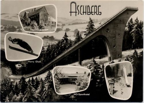 1963 Klingenthal, Sachsen: Mehrbild-Ak von der großen Aschberg-Schanze, Skisprungschanze, Jugendherberge, HO-Sporthotel, Harr Glaß (ski-jump), Foto-Ak Nr.,Dick-Foto-Verlag