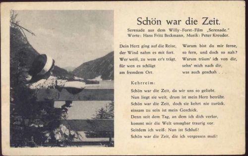 um 1920/30 Schön war die Zeit, Serenade aus dem Willy-Forst-Film Serenade, Worte Hans Fritz Beckmann, Musik Peter Kreuder, junge Frau blickt von Bank auf einen S,Robert Franke AKU2