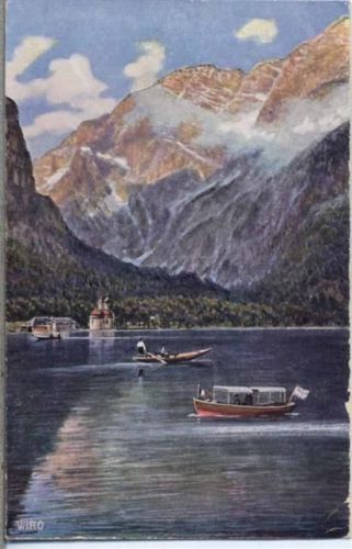 83471 W8240 Berchtesgaden um 1920/30 - Berchtesgaden, St. Bartholomä am Königssee, Ruderboot, kleiner Ausflugsdampfer, Bergmassiv, Künstler-AK