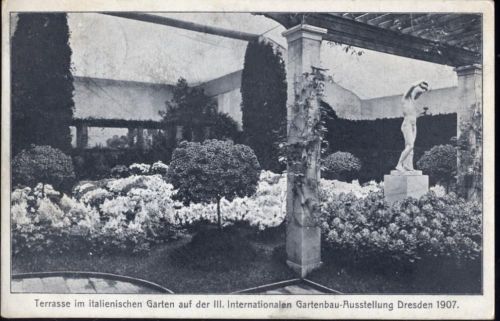 1907 Dresden, -Terrasse im italienischen Garten auf der III. Internationalen Gartenbau-Austellung Dresden 1907-, Blumen, Statue,C. Heinrich