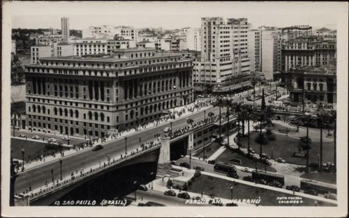 1950 Sao Paulo, Ansicht, Hauptstraße, Palmen, Gebäude, Straßenbahn, -Parque Anhangabahu-