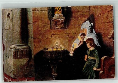 Mutter mit zwei Kindern am Opferstock in der Kirche Verlag Hanfstaengl Nr. 105