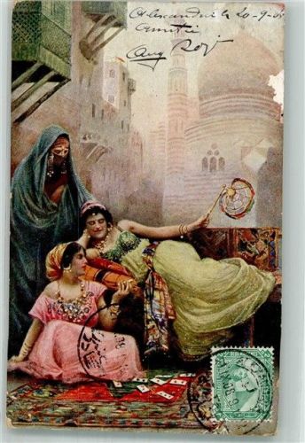 Kairo 1906 Tracht Frauen beim Kartenspiel Marke bildseitig