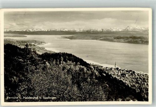 Sipplingen Panorama des Ortes am Obersee mit Pfarrkirche St. Martin und Schweizer Alpen Notopfermarke