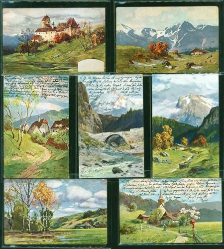 Landschaften auf Künstlerkarten Lot. 8 AK, ca. 1903-1905: teils leichte Gebrauchsspuren, teils gelaufen