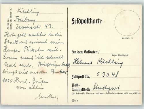 Freiburg Feldpostkarte Oktober 1939 Text Teningen