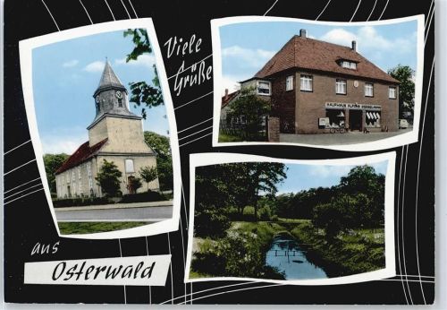 Osterwald Bach Brücke Haus Kirche Uhr Fahrrad