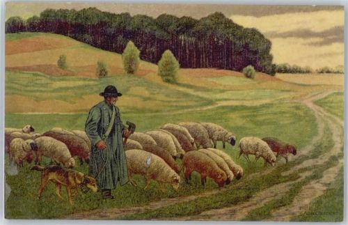 Pastell , Schäfer mit Herde AKU1