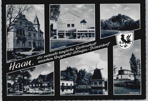 Haan Rathaus, Sparkasse, Kaiserstraße, Kirche, Heidberger Mühle