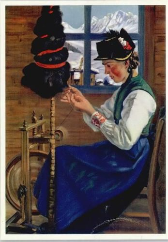 Lötschentaler Mädchen am Spinnrad (Anneler)