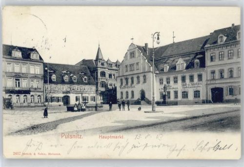 Pulsnitz Hauptmarkt, Restaurant Ratskeller, Sparkasse, Hotel grauer Wolf