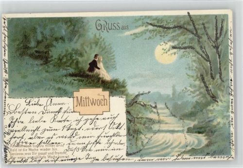 Mittwoch, Paar im Mondschein Litho AK