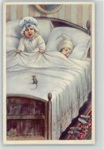 Schreiende Frau, Maus im Bett, sign. Colombo