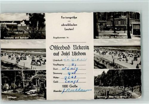 17459 O2235 Ückeritz , Usedom - Poststelle und Bahnhof Zeltlager Strandklause mit Fischerhütte Weg zum Strand Strandkörbe