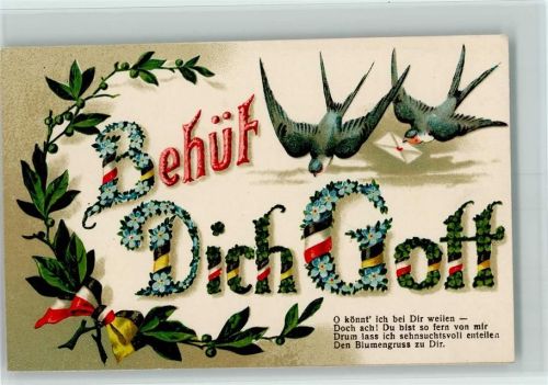 Behüt dich Gott - schwarz-gelb Schleifen - Vergissmeinnicht, Schwalben litho