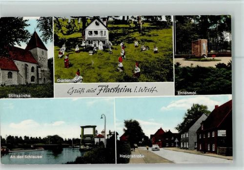 45721 W4358 Flaesheim - Stiftskirche Gartenmotiv Gartenzwerge Ehrenmal an der Schleuse Hauptstraße