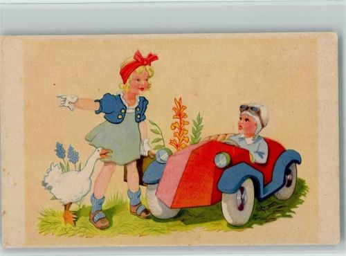 Gänseliesl will per Anhalter im Auto mitfahren 1944 AK Ente