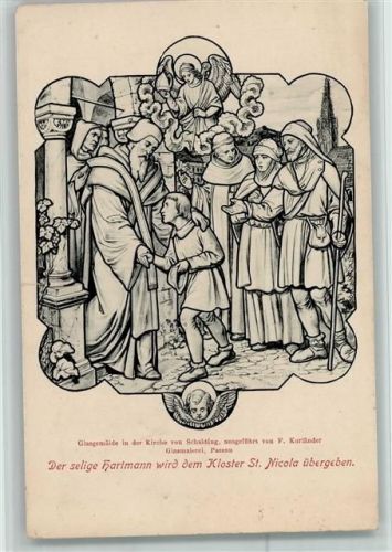 Schalding Der selige Hartmann wird dem Kloster St. Nicola übergeben Engel Glasgemälde in der Kirche von F. Kurländer