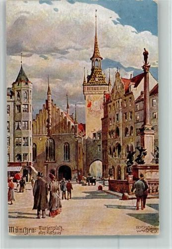 München Marienplatz altes Rathaus sign. Richard Wagner Aquarell-Serie München No.7