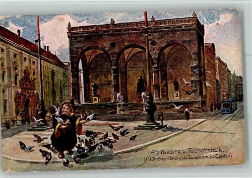 München Alte Residenz und Feldherrenhalle Münchner Kindl und die Tauben von St. Cajetan Monachia-Künstlerpostkarte nr. 649