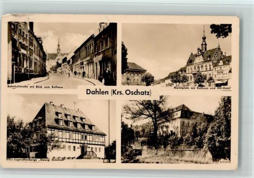 Dahlen BAhnhofstraße mit Blick zum Rathaus Marktplatz mit Rathaus und HO-Hotel FDJ-Jugendherberge Georgi Dimitroff Schloß