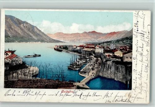 Kotor 1906 Hafen und Teilansicht Segelschiffe