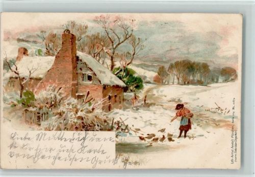 1904 Lith-Anstalt München - Winter, Enten füttern
