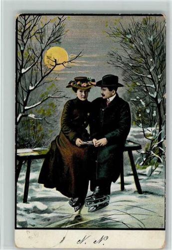 1901 Liebespaar bei Mondschein mit Schlittschuhe AK