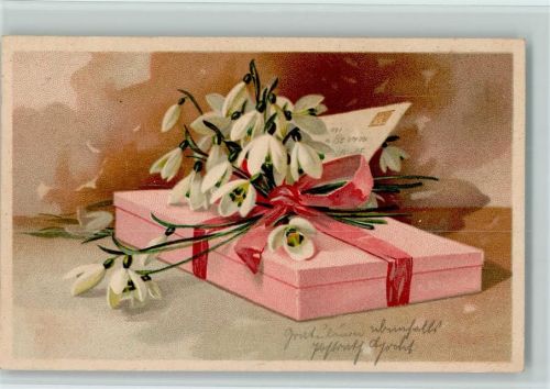 1905 Paket mit Schleife u. Blumen und eine Brief AK