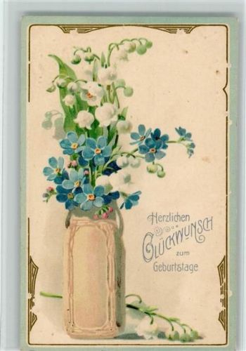 1904 Verlag Erika Nr. 4043 Geburtstag, Blumenvase mit Vergissmeinnicht und Maiglöckchen, passepartout AK