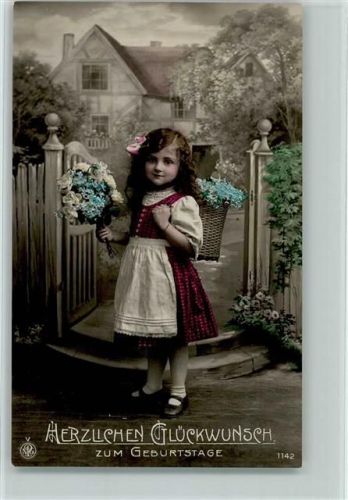 1915 1142 - handcoloriert, Geburtstag, Mädchen mit Kiepe und Blumen