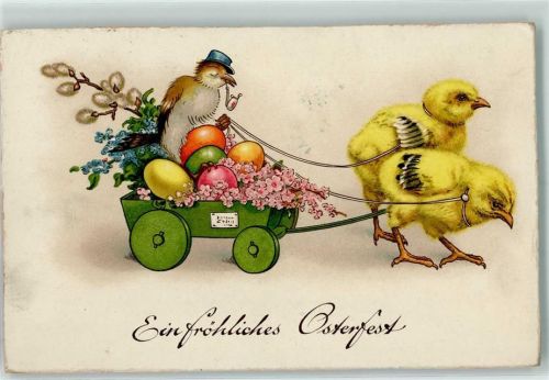 Küken ziehen Wagen mit Spatz und Blumen Ostergruß